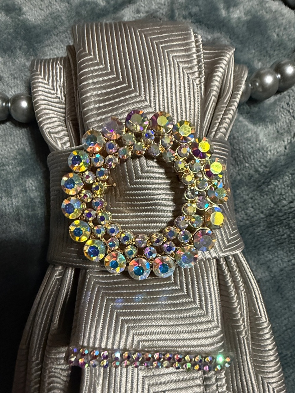 Silver Satin Jeweled Brooch Ascot Tie Necklace. - Picture 2 of 3